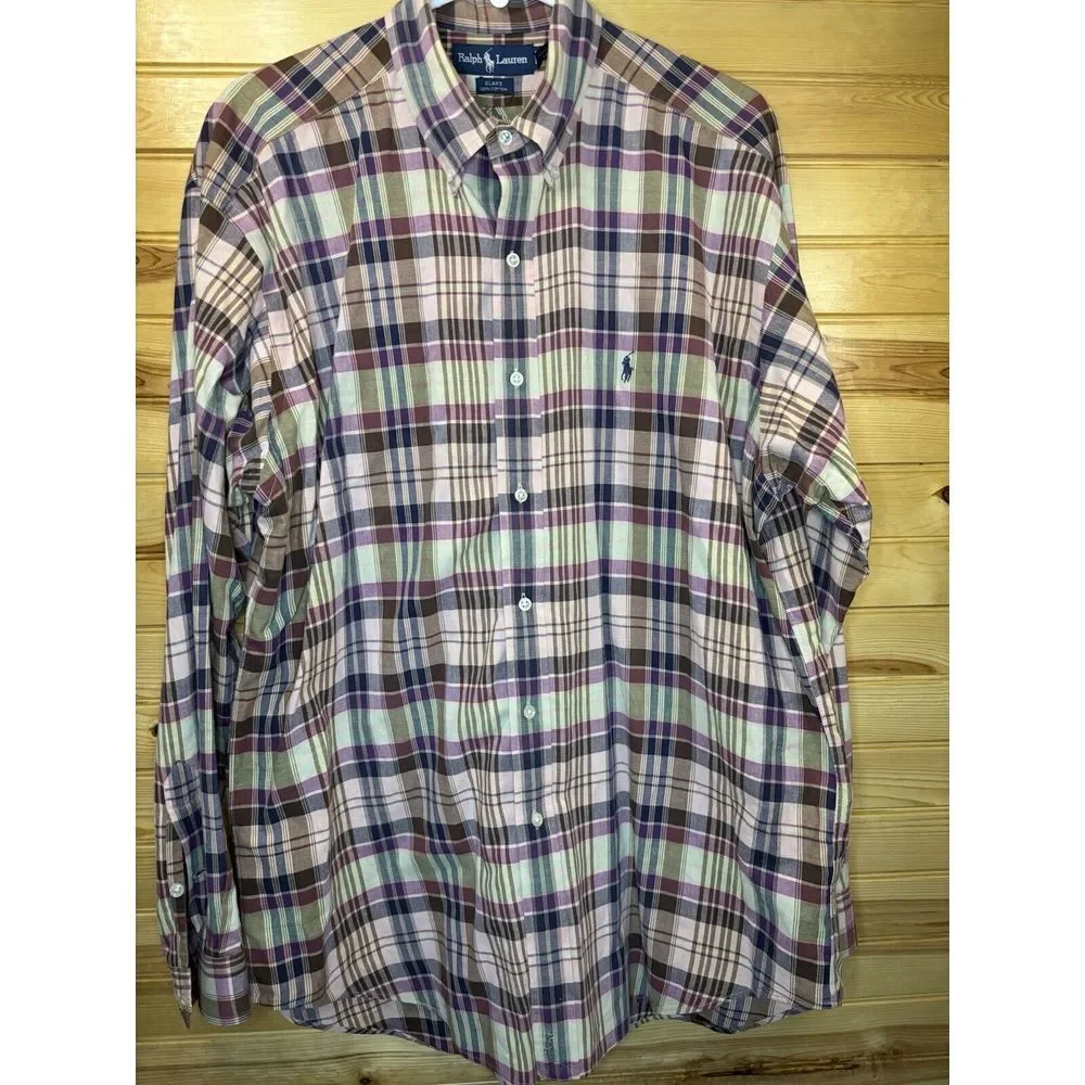 Vintage Ralph Lauren Long Sleeve Button‎ Down Shirt Large Plaid Blake Colorful